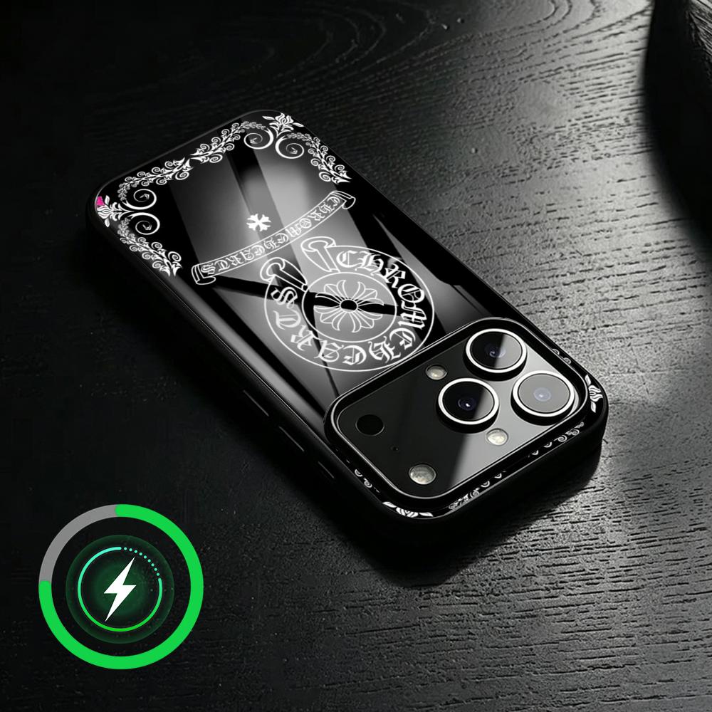 Computer Case - ファッション性の高いH-Heartsのクールなロゴが入ったC-ChromeのiPhone18、17、16、15、14、13、12 Plus Pro Max用、磁石付きのガラス製スマホケース。